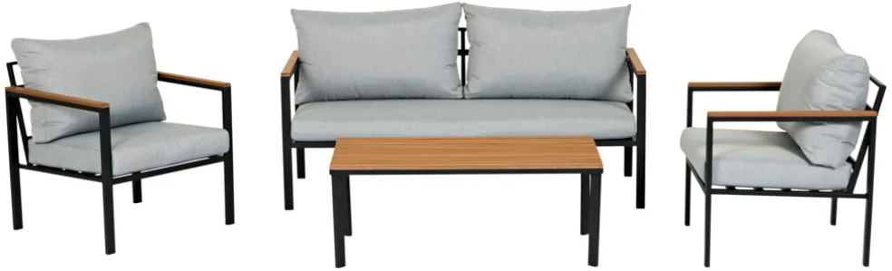 Loungeset Tokyo Svart/Grå/Teak 4 delar Sunlife