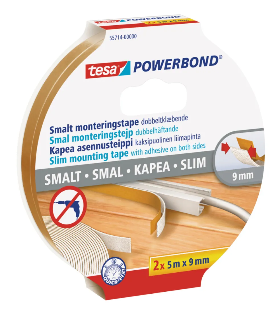 Monteringstejp Powerbond Slim 9 mm x 5 m 2-pack Tesa