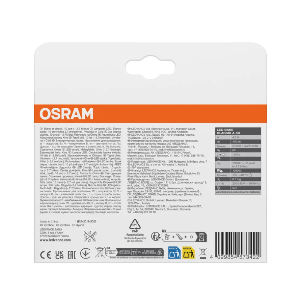 Normallampa LED Frostad 4,2W E27 3-pack Osram