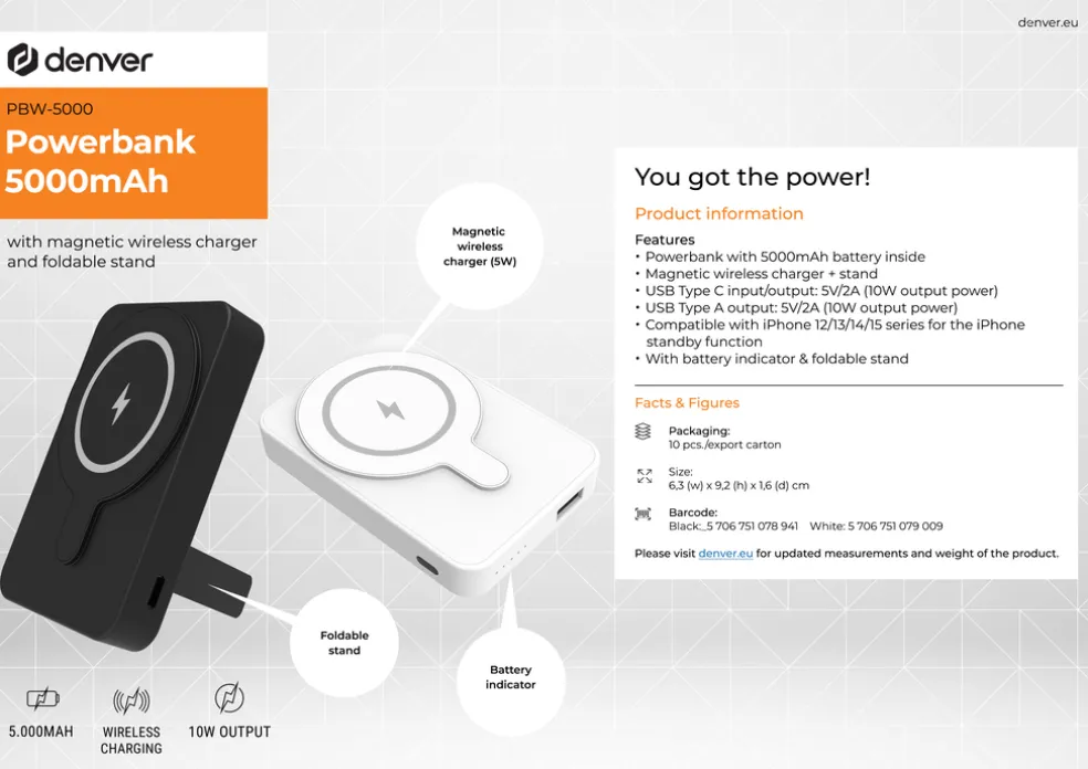 Powerbank Magnetisk 5000mAh Denver