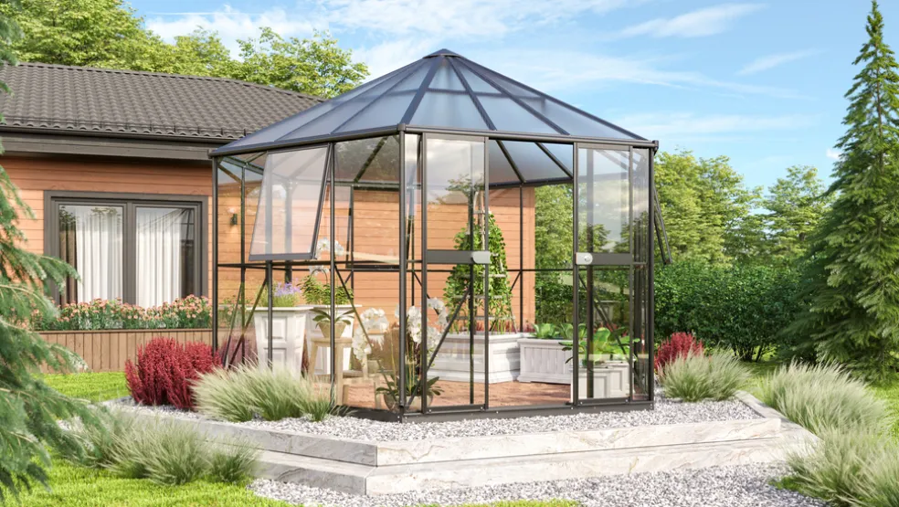 Växthus Hera 9000 Svart Glas/Poly Sockel 9 m² Vitavia